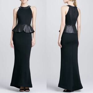 Alice + Olivia Karen Leather-Peplum Mesh Ponte Gown Maxi Dress Black Size 2